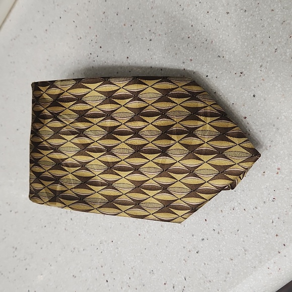 ARTHUR PAYNE mod geometric tie gold+brown silk abstract diamond print necktie - Picture 5 of 5